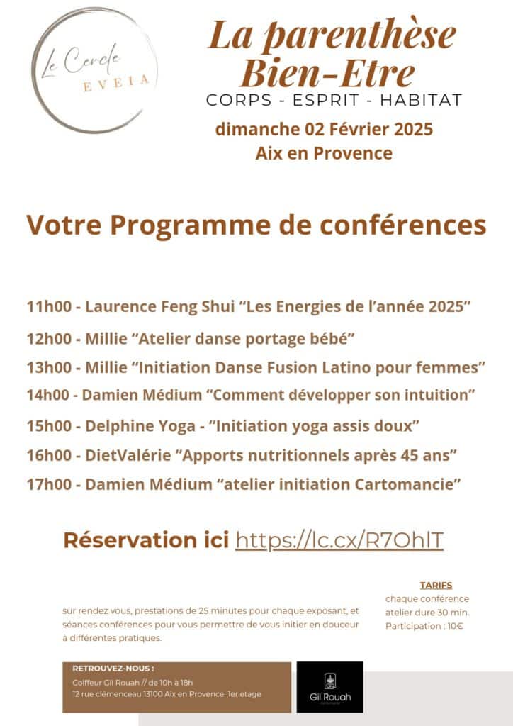 LTB Feng Shui Design participera à la journée « Parenthèse Bien-Être » organisée par Le Cercle EVEIA sur Aix en Provence le Dimanche 2 février 2025 à Aix en Provence - Programme des Conférences et Ateliers